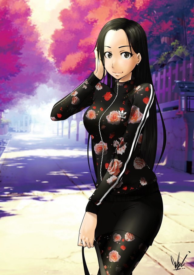 1girl adidas bangs black_eyes black_hair breasts cowboy_shot earrings eyelashes floral_print jewelry joker.d.kjo. looking_at_viewer miniskirt original pantyhose parted_bangs print_legwear skirt smile solo track_jacket