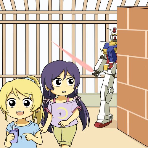 2girls ayase_eli blonde_hair casual comic energy_sword gundam hair_ornament hairclip love_live!_school_idol_project low_twintails lowres mecha mobile_suit_gundam multiple_girls ponytail purple_hair rx-78-2 scrunchie shiitake_nabe_tsukami sword toujou_nozomi twintails weapon