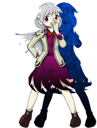 1girl blush_stickers grey_hair hand_on_own_face kishin_sagume legacy_of_lunatic_kingdom looking_at_viewer lowres official_art oota_jun'ya red_eyes shadow single_wing solo touhou wings