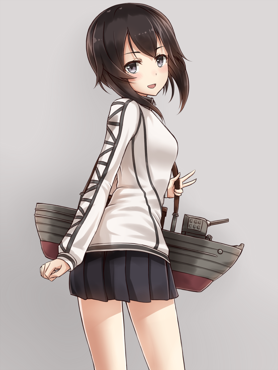 1girl :d bangs black_hair black_skirt blush from_behind grey_background grey_eyes hair_between_eyes hayasui_(kantai_collection) highres kantai_collection long_sleeves looking_at_viewer looking_back machinery miniskirt open_mouth pleated_skirt rabochicken short_hair silver_background simple_background skirt smile solo track_jacket