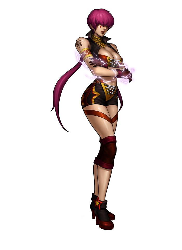 1girl alternate_costume ankle_boots armband boots breasts cleavage electricity facial_tattoo front-tie_top full_body gorget high_heel_boots high_heels king_of_fighters knee_pads large_breasts leon_(s-damianvencedor) lips lipstick long_hair long_legs makeup midriff nose purple_hair shermie short_shorts shorts solo split_ponytail tattoo vest