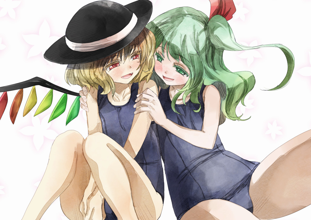 2girls alternate_hairstyle bare_shoulders blue_swimsuit eye_contact flandre_scarlet green_eyes green_hair hair_ribbon hat hat_removed headwear_removed komeiji_koishi long_hair looking_at_another multiple_girls one-piece_swimsuit open_mouth ribbon short_hair side_ponytail slit_pupils smile swimsuit touhou wings yohane