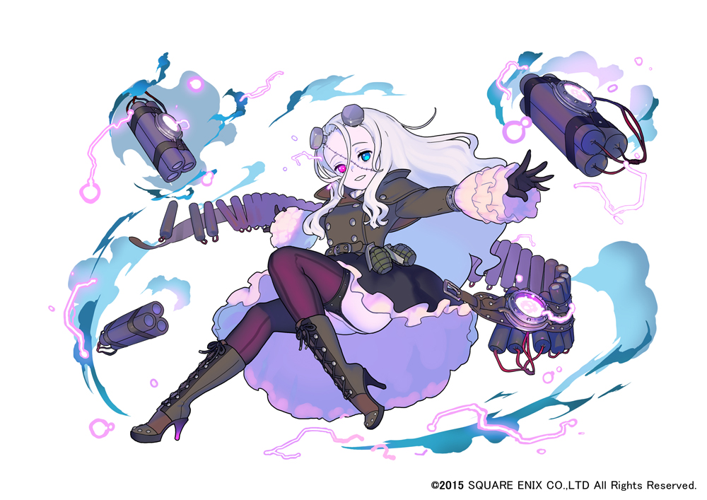 1girl black_gloves black_skirt blue_eyes boots brown_boots buttons coat cross-laced_footwear double-breasted dynamite explosive garter_straps gloves grenade grin hair_between_eyes heterochromia high_heel_boots high_heels lace-up_boots long_hair mugen_knights nagisa_kurousagi purple_legwear screw simple_background skindentation skirt smile solo square_enix stitches striped striped_legwear thigh-highs violet_eyes watermark white_background white_hair
