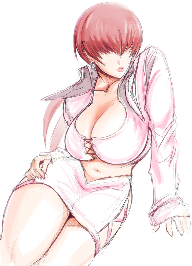 1girl breasts cleavage cropped_jacket hair_over_eyes invisible_chair king_of_fighters large_breasts lips long_hair midriff navel reclining redhead shermie shopyun solo