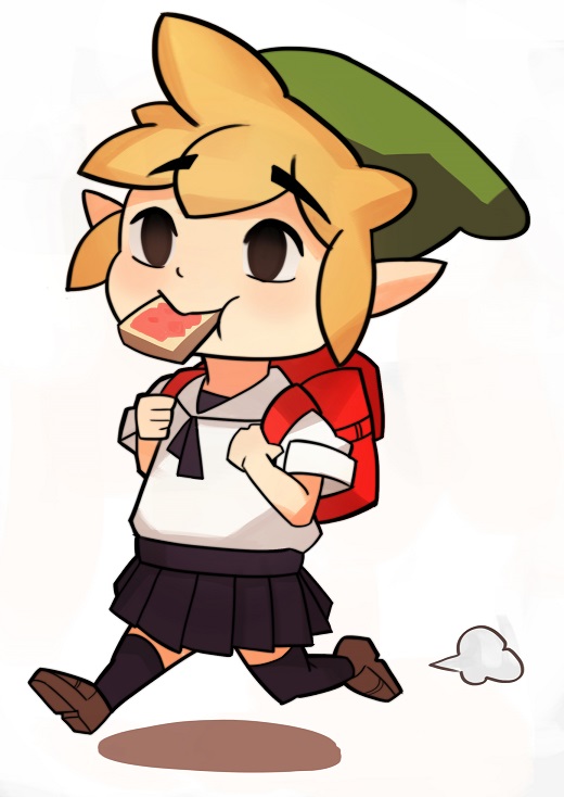 1boy backpack bag blonde_hair brown_shoes crossdressinging food_in_mouth link mouth_hold pointy_ears shoes skirt solo splashbrush the_legend_of_zelda thigh-highs toast toast_in_mouth