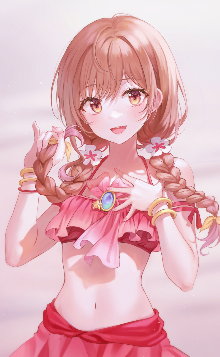 1girl bare_shoulders bikini bracelet braid brown_hair character_request copyright_request cowboy_shot eyebrows_visible_through_hair flower hair_flower hair_ornament hands_up highres holding holding_hair jewelry looking_at_viewer navel simple_background smile solo stomach swimsuit tokkyu twin_braids