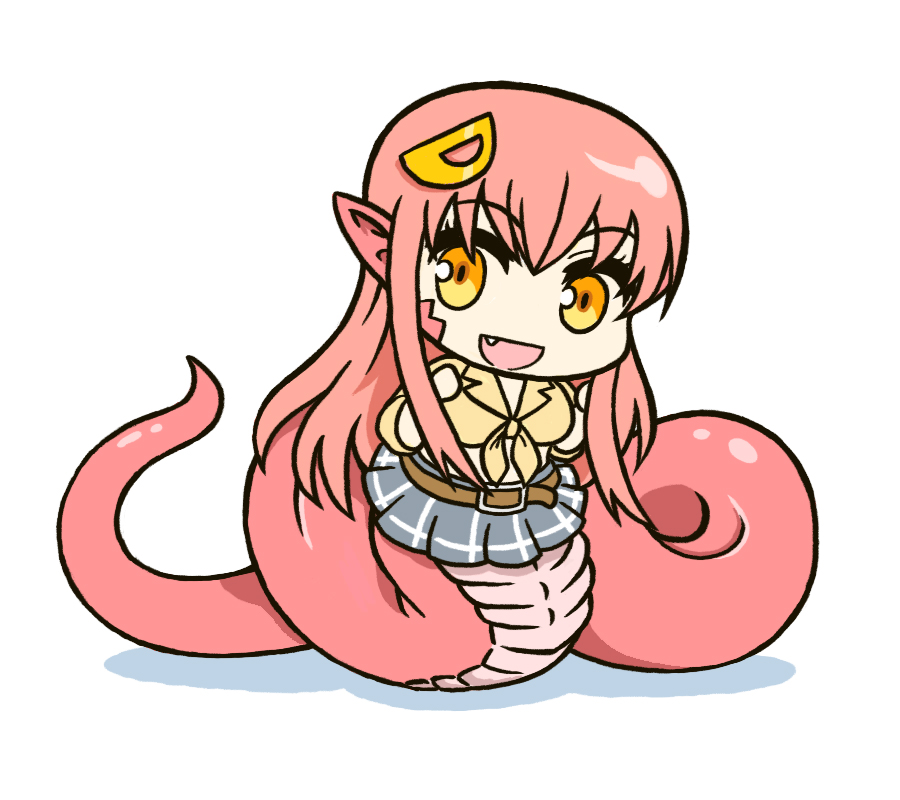 1girl :d chibi fang full_body hair_ornament hairclip iriomote lamia long_hair miia_(monster_musume) monster_girl monster_musume_no_iru_nichijou open_mouth pointy_ears redhead shirt simple_background smile snake_tail solo tied_shirt white_background yellow_eyes