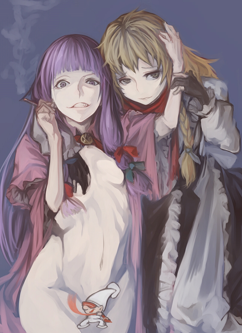 2girls bangs blonde_hair blue_bow blunt_bangs bow braid breast_grab breasts censored cigarette cookie_(touhou) crazy_eyes evil evil_grin evil_smile fangs fingerless_gloves frilled_sleeves frills gloves grin hair_bow hand_on_another's_head kirisame_marisa leaning_forward long_hair long_sleeves looking_at_viewer looking_away mars_(cookie) multiple_girls navel no_hat novelty_censor nuppebbou_(cookie) open_clothes open_robe patchouli_knowledge puffy_long_sleeves puffy_sleeves purple_hair red_bow robe side_braid single_braid small_breasts smile taisa_(cookie) touhou violet_eyes yellow_eyes yocchan_foods