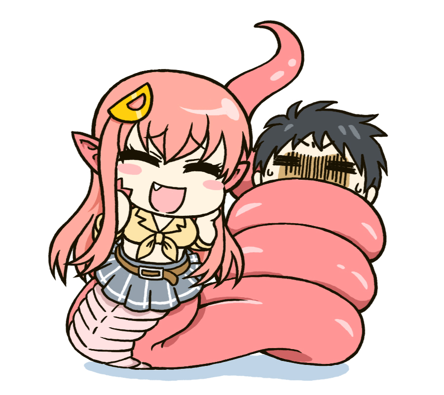 1boy 1girl :d black_hair blush_stickers chibi closed_eyes fang hair_ornament hairclip hands_on_own_cheeks hands_on_own_face iriomote kurusu_kimihito lamia long_hair miia_(monster_musume) monster_girl monster_musume_no_iru_nichijou open_mouth pointy_ears redhead shirt short_hair simple_background smile snake_bondage snake_tail sweat tied_shirt white_background