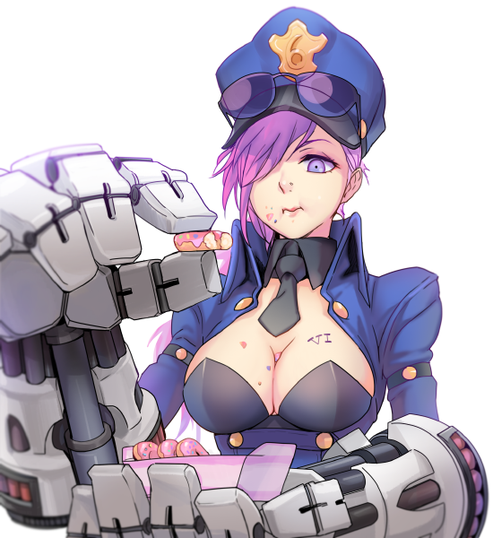 amado_(shin) breasts crumbs doughnut eating food gauntlets hair_over_one_eye hat league_of_legends messy necktie pink_hair police police_uniform policewoman sunglasses sunglasses_on_head uniform vi_(league_of_legends)