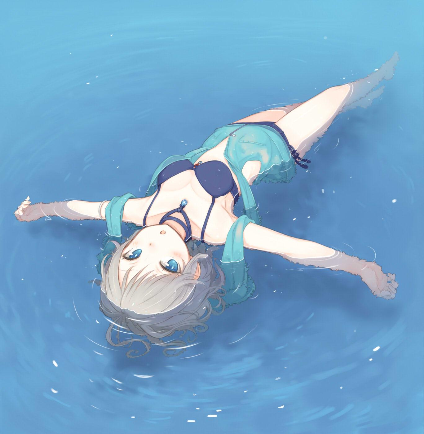 1girl afloat anastasia_(idolmaster) barefoot bikini blue_bikini blue_eyes blush breasts cleavage hanarito highres idolmaster idolmaster_cinderella_girls jewelry looking_at_viewer lying navel necklace open_mouth outstretched_arms partially_submerged see-through short_hair side-tie_bikini silver_hair solo spread_arms swimsuit water wet wet_clothes