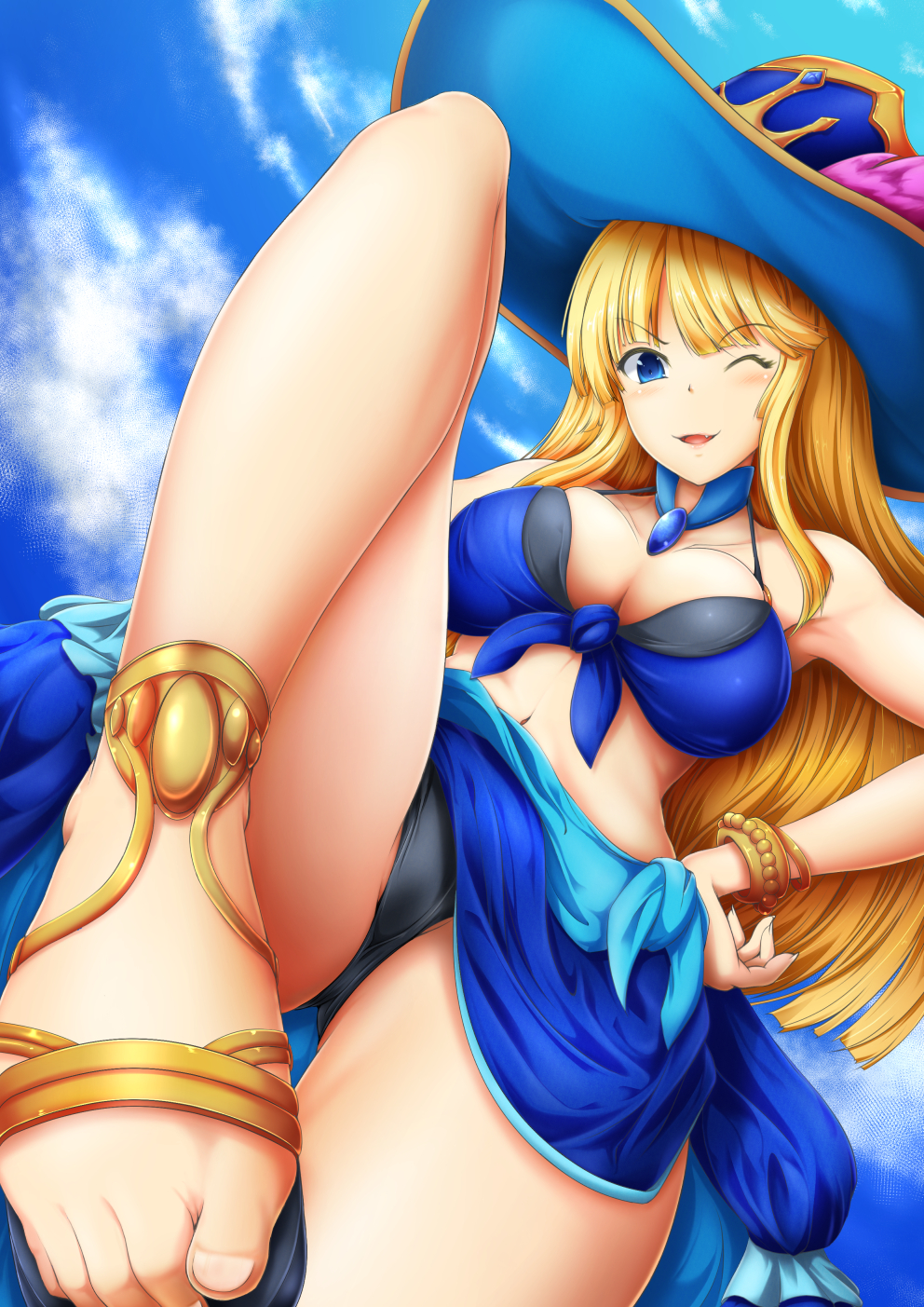 1girl ;d awilda_(p&amp;d) bikini_top blonde_hair blue_eyes bol_(liliymimi) breasts cleavage clouds feet from_below hat highres long_hair one_eye_closed open_mouth puzzle_&amp;_dragons sandals sky smile solo swimsuit