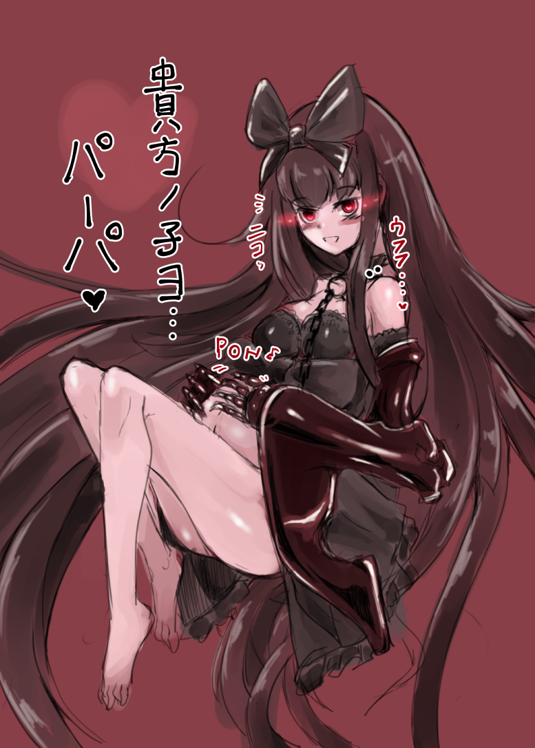 1girl bare_legs black_bow black_dress black_hair blush bow breasts cleavage commentary_request dress gothic_lolita hair_bow kantai_collection lolita_fashion long_hair navel pregnant red_eyes seaplane_tender_hime solo translation_request very_long_hair yamoto