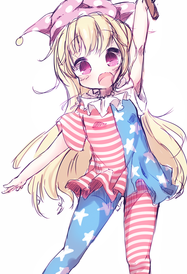 1girl american_flag_legwear american_flag_shirt arm_up artist_request bangs blonde_hair blush clownpiece cowboy_shot flag_print frilled_shirt_collar frills hand_up happy hat jester_cap long_hair looking_at_viewer mismatched_legwear outstretched_arm pantyhose pink_hat polka_dot print_legwear print_shirt shirt simple_background solo star star_print striped striped_legwear striped_shirt torch touhou very_long_hair violet_eyes white_background