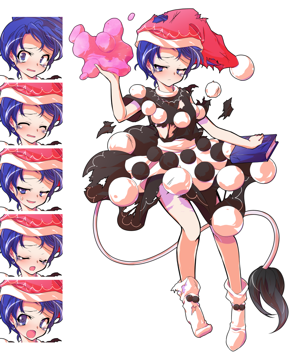 1girl after_battle blue_eyes blue_hair book cow_tail crying dairi damaged doremy_sweet dress frown marshmallow sad short_hair socks solo solo_focus tachi-e tail torn_clothes touhou