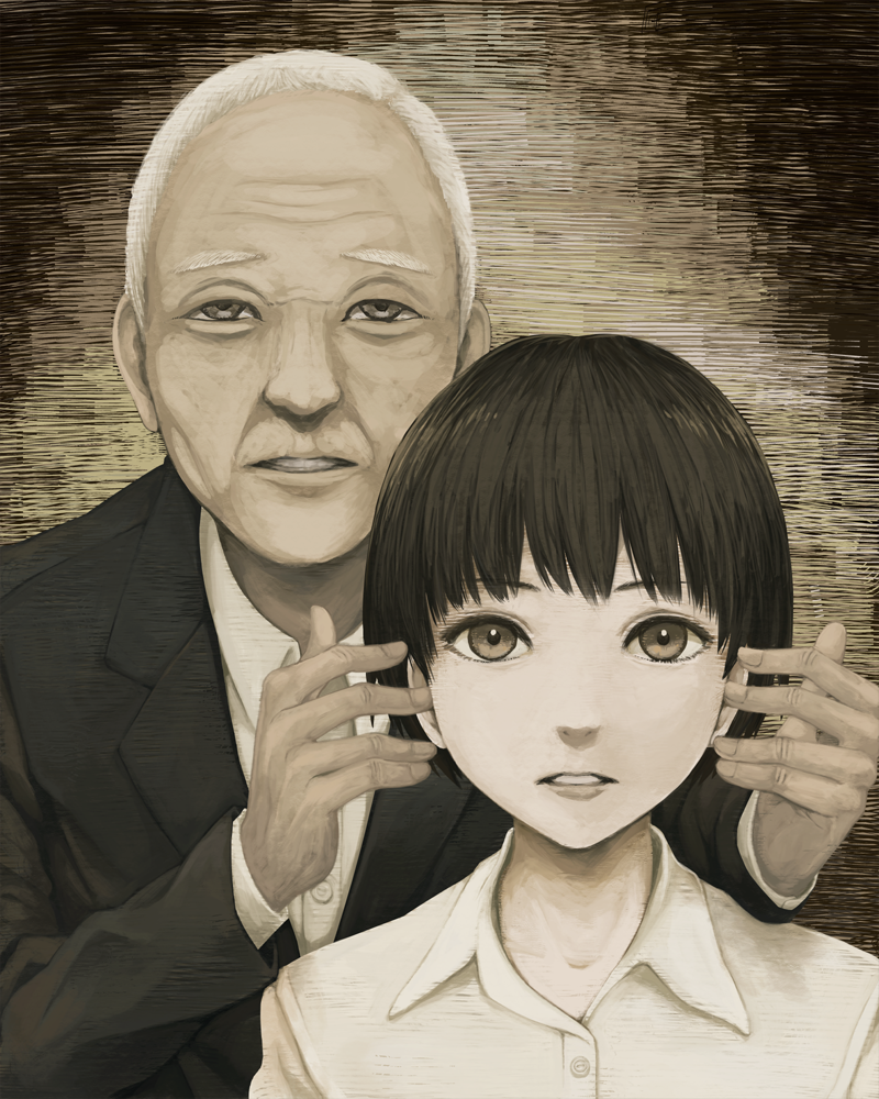 1boy 1girl age_difference bangs beige buttons collarbone collared_shirt dress_shirt fingernails formal half-closed_eyes height_difference lips long_sleeves looking_at_viewer monochrome nose old_man original parted_lips shirt short_hair suit teeth upper_body very_short_hair wing_collar wrinkled_skin wrinkles yajirushi_(chanoma)