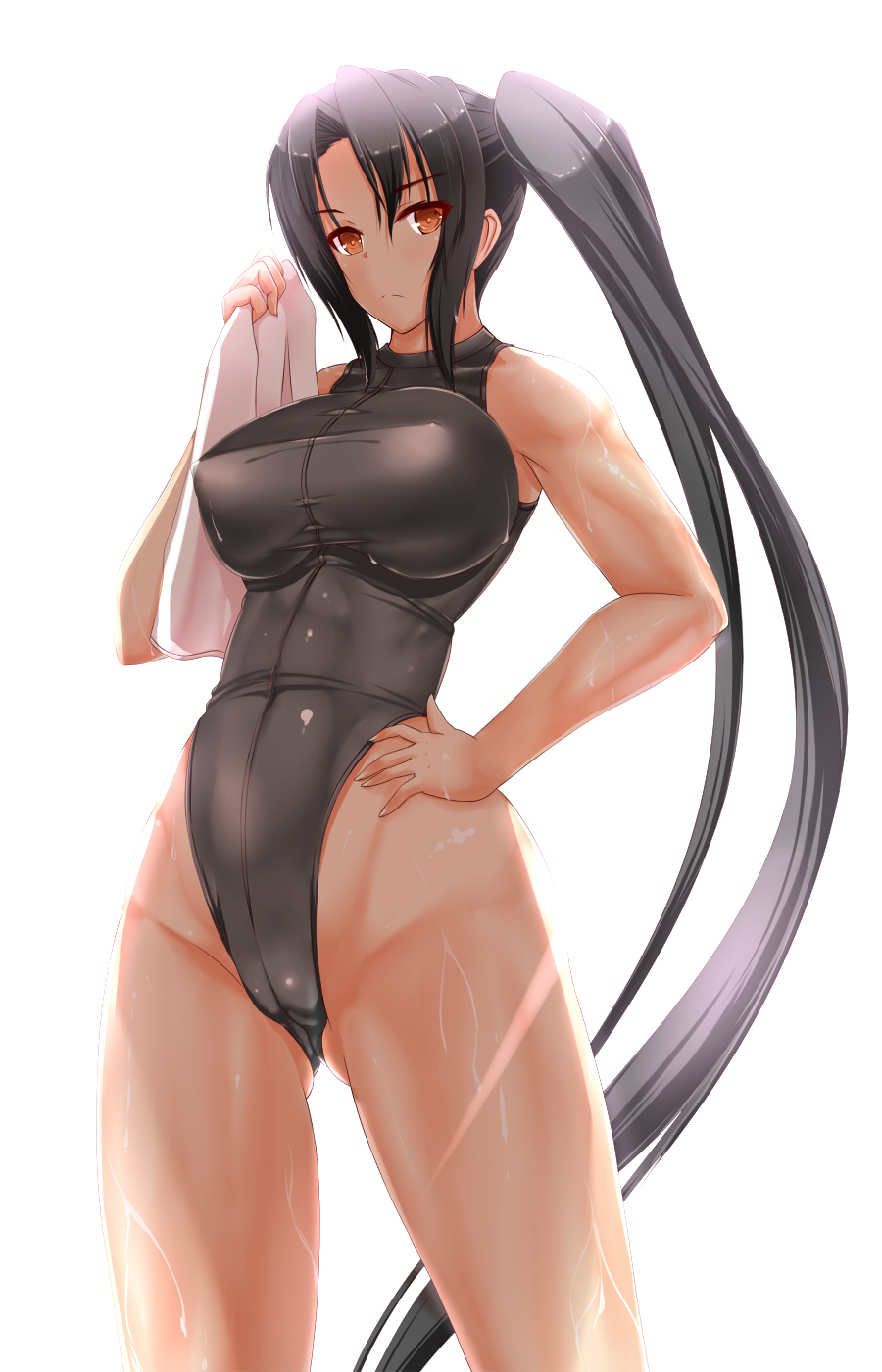 1girl black_hair brown_eyes competition_swimsuit highres kantai_collection long_hair nachi_(kantai_collection) one-piece_swimsuit rokushiru_(muzai-p) side_ponytail standing swimsuit towel