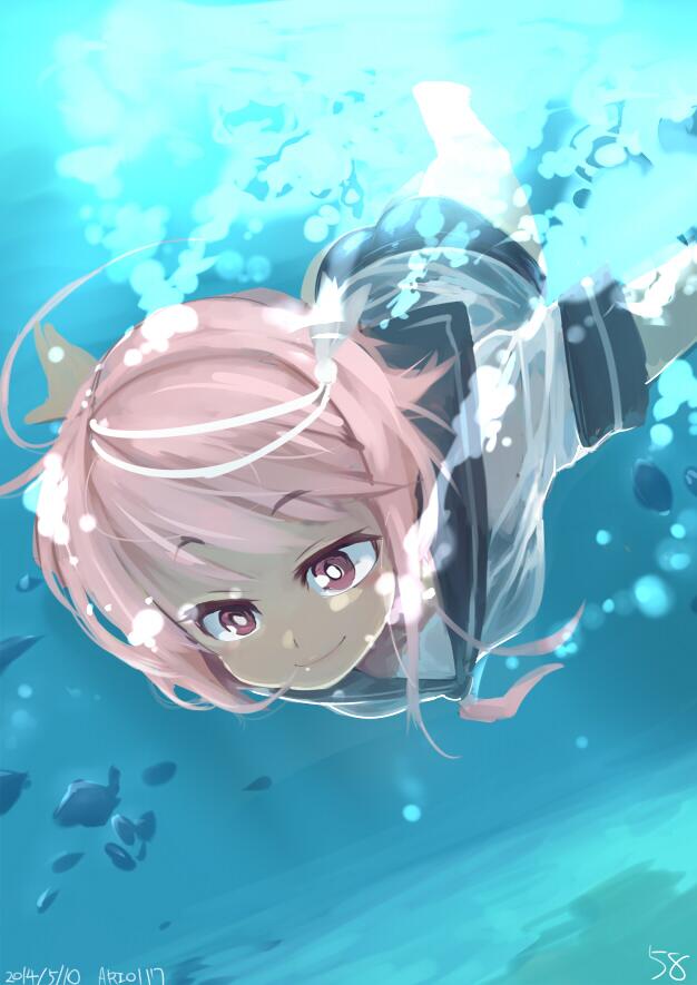 1girl ahoge ario ass cherry_blossoms hair_ornament i-58_(kantai_collection) kantai_collection one-piece_swimsuit pink_eyes pink_hair school_swimsuit school_uniform serafuku short_hair smile solo swimsuit water