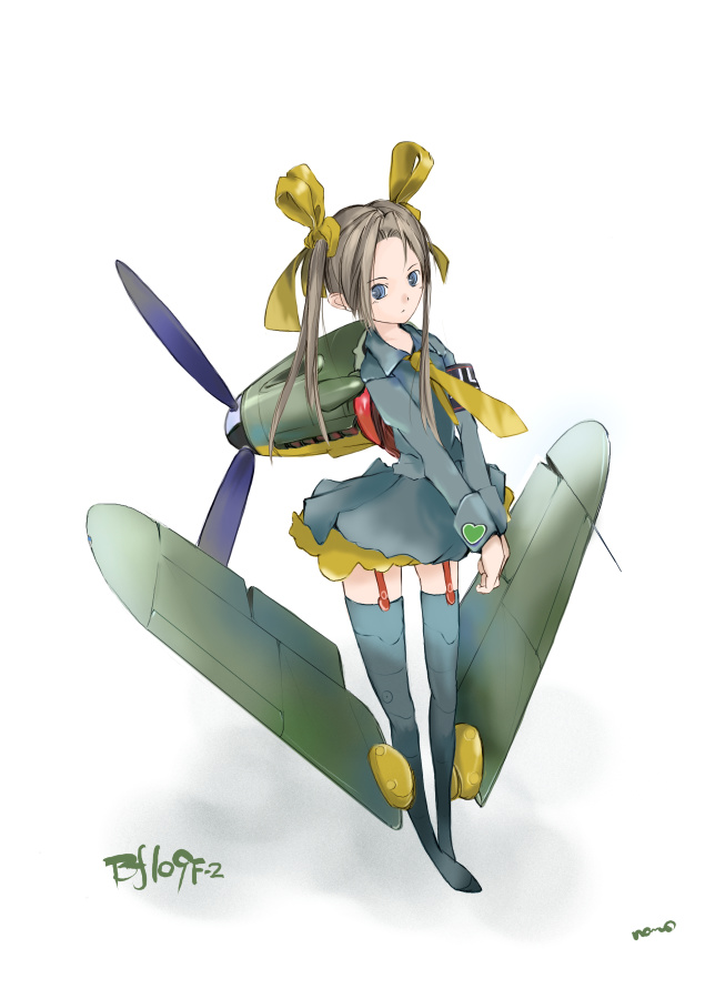 1girl airplane armband artist_name bf_109 blue_eyes brown_hair character_name garter_straps hair_ribbon long_hair mecha_musume military nano necktie original propeller ribbon signature solo thigh-highs twintails world_war_ii yellow_necktie