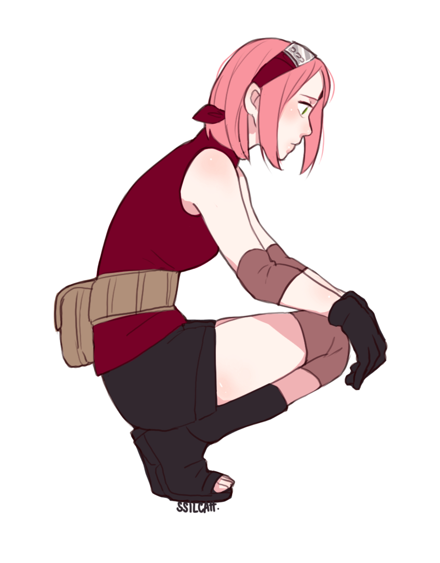 1girl black_gloves commentary completion_time elbow_pads fanny_pack from_side full_body gloves hairband haruno_sakura knee_pads naruto naruto_shippuuden open_toe_shoes pink_hair shivi_martin shoes short_hair shorts solo squatting transparent_background