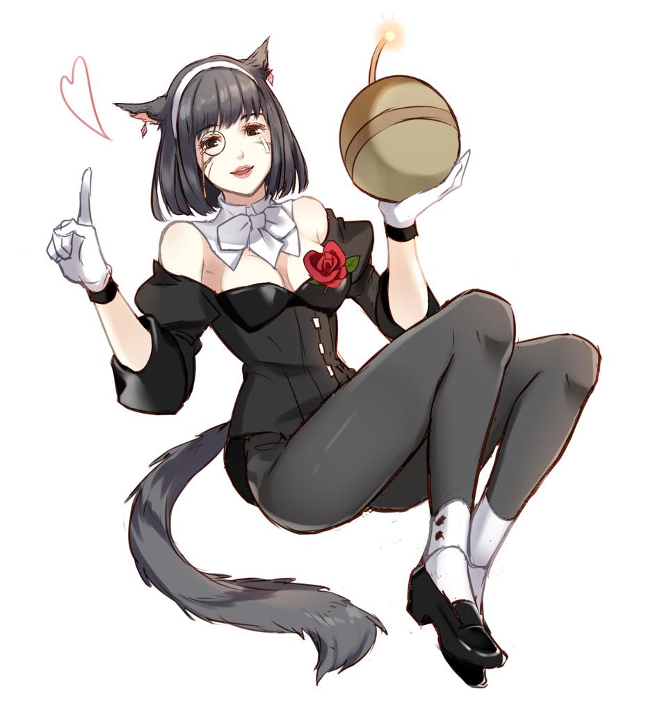 1girl :d animal_ears artist_request black_eyes black_hair bomb bowtie breasts cat_ears cat_tail cleavage detached_collar earrings facial_mark final_fantasy final_fantasy_xiv flower gloves grey_legwear jewelry leaf lips miqo'te monocle nashu_mhakaracca npc open_mouth pantyhose red_rose rose short_hair simple_background smile solo tail white_background white_gloves