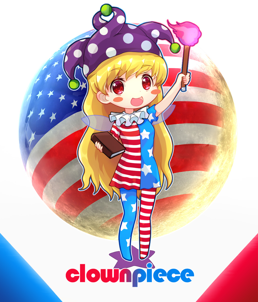 1girl america american_flag american_flag_legwear american_flag_shirt bangs blonde_hair blush_stickers character_name clownpiece e_neko flag_print full_moon hat jester_cap legacy_of_lunatic_kingdom long_hair mismatched_legwear moon open_mouth pantyhose pose red_eyes simple_background smile solo torch touhou very_long_hair white_background