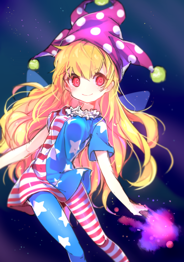 1girl american_flag_legwear american_flag_shirt clownpiece fairy_wings grin hat jester_cap long_hair mismatched_legwear name_(oiuio) red_eyes smile solo touhou wand wings