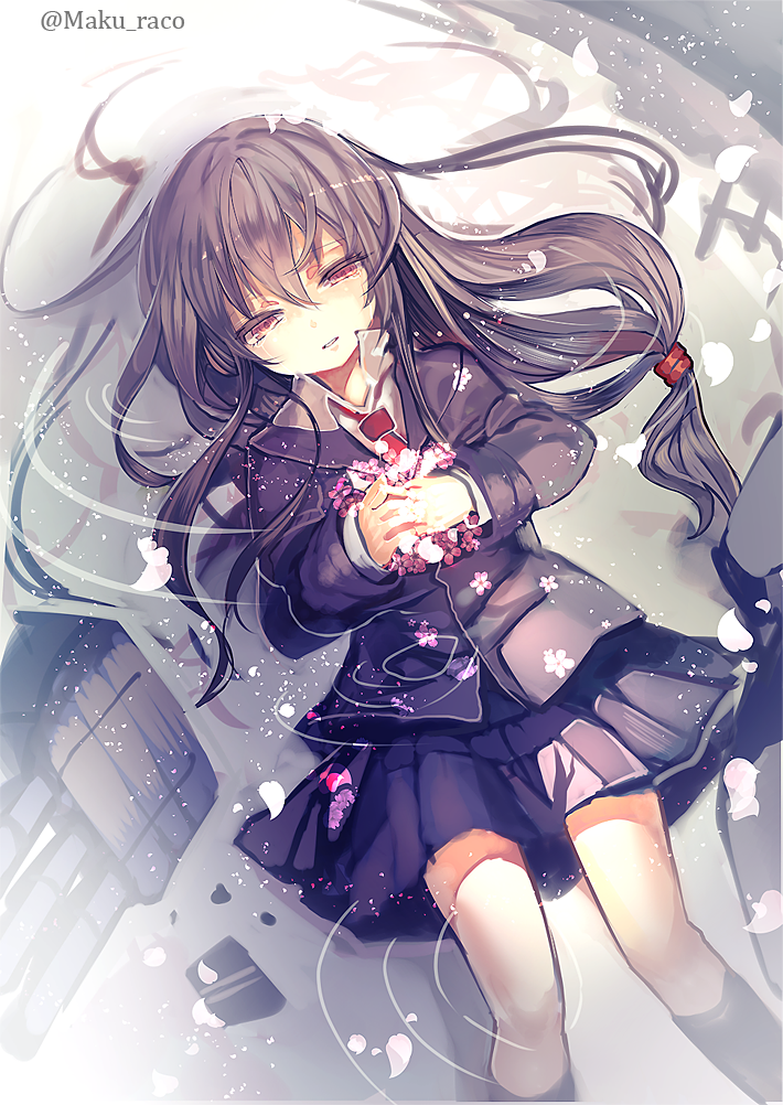 1girl afloat black_hair blazer cherry_blossoms cis_(carcharias) floating_hair hatsushimo_(kantai_collection) kantai_collection long_hair low-tied_long_hair necktie open_mouth pleated_skirt red_eyes school_uniform skirt solo tears twitter_username water