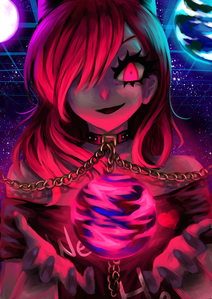 1girl bare_shoulders black_hat black_shirt choker clothes_writing earth_(ornament) floating_object glowing glowing_eyes gold_chain grid hair_over_one_eye hecatia_lapislazuli hiyoko_risu looking_at_viewer moon_(ornament) off_shoulder open_mouth pink_eyes punk punkish_gothic redhead shirt short_hair sky smirk space star star_(sky) starry_background starry_sky touhou