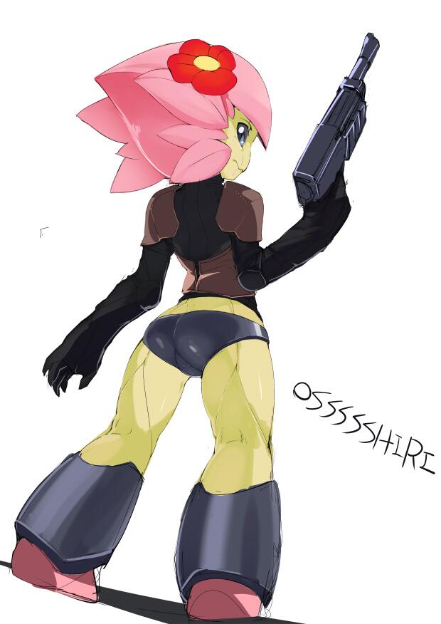 1girl ario ass blue_eyes claws floran flower from_behind green_skin gun hair_flower hair_ornament holding holding_gun holding_weapon looking_back pink_hair plant_girl romaji short_hair solo standing starbound weapon