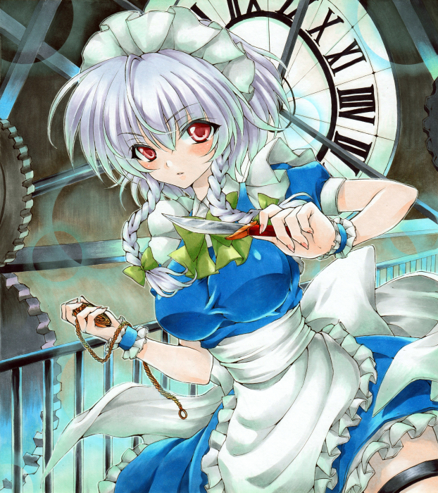 1girl bow braid clock clock_tower clockwork colored_pencil_(medium) hair_bow izayoi_sakuya knife looking_at_viewer maid_headdress marker_(medium) parted_lips pocket_watch red_eyes ren_(endscape20) silver_hair solo touhou tower traditional_media twin_braids watch