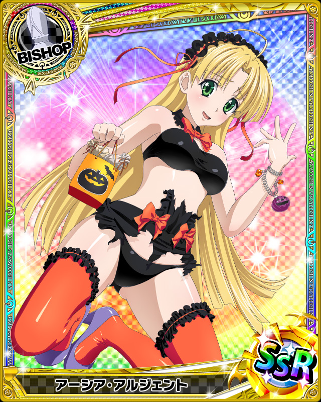 1girl ahoge artist_request asia_argento bikini bishop_(chess) black_bikini blonde_hair bracelet card_(medium) character_name chess_piece green_eyes halloween_costume high_school_dxd jewelry long_hair looking_at_viewer official_art swimsuit thigh-highs torn_clothes trading_cards very_long_hair