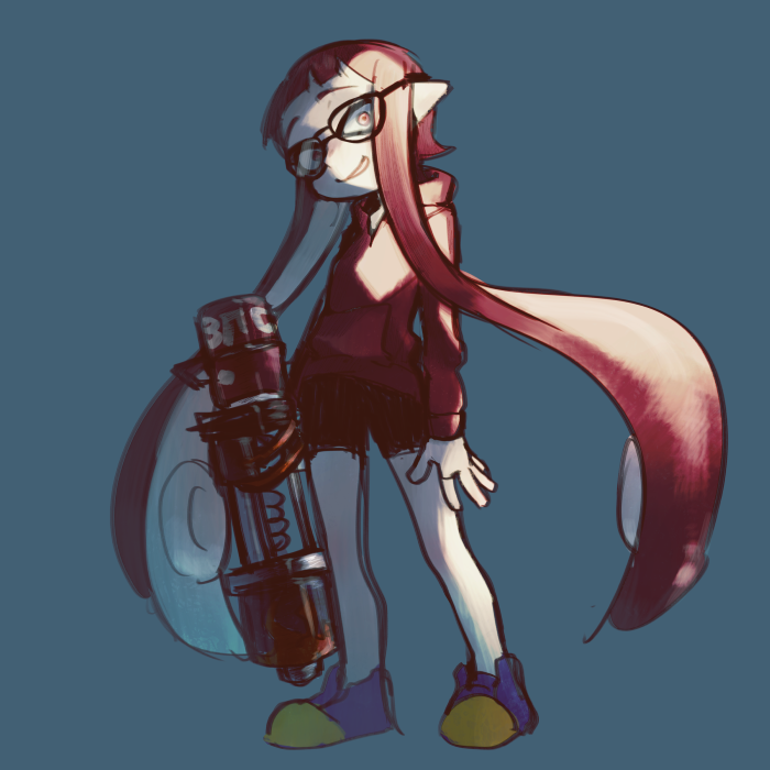 bike_shorts domino_mask full_body glasses grin hoodie inkling long_hair looking_at_viewer mask pink_eyes pink_hair pointy_ears shizu_(9394marimo) shoes simple_background smile sneakers solo splatoon super_soaker