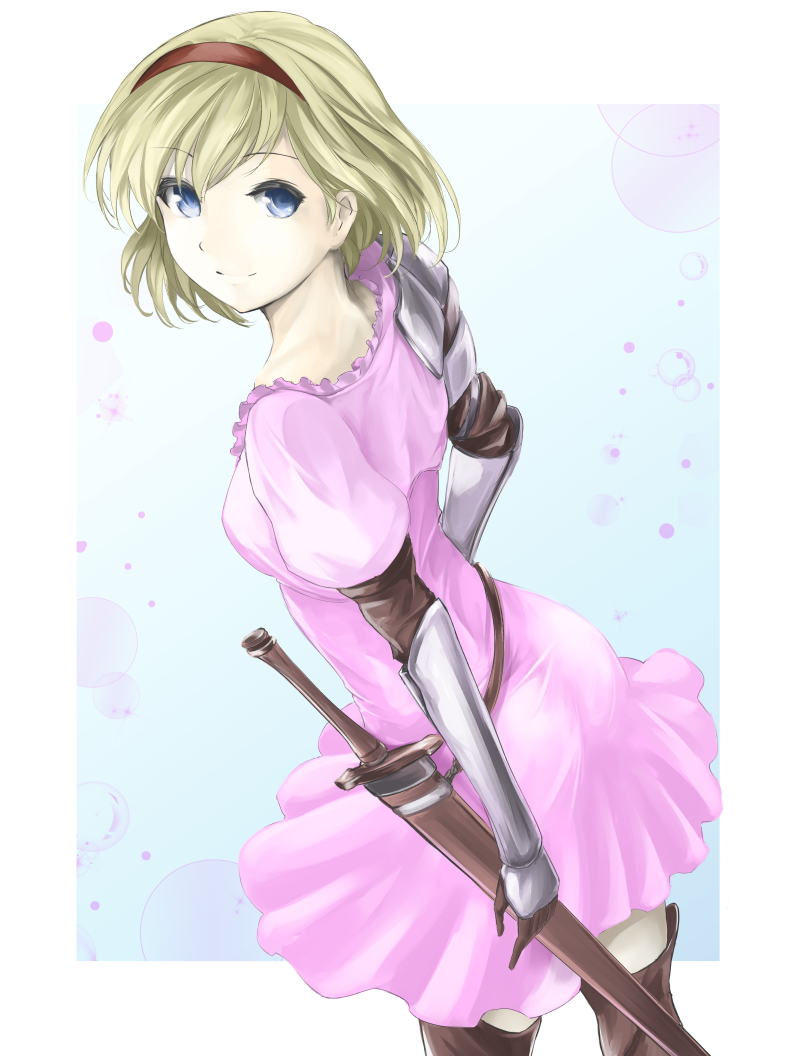 1girl arched_back blonde_hair blue_background blue_eyes boots bubble dress gauntlets granblue_fantasy hairband kz_nagomiya leaning_forward looking_at_viewer looking_back pink_dress sheath sheathed short_hair smile solo spaulders sword thigh-highs thigh_boots weapon zeta_(granblue_fantasy)