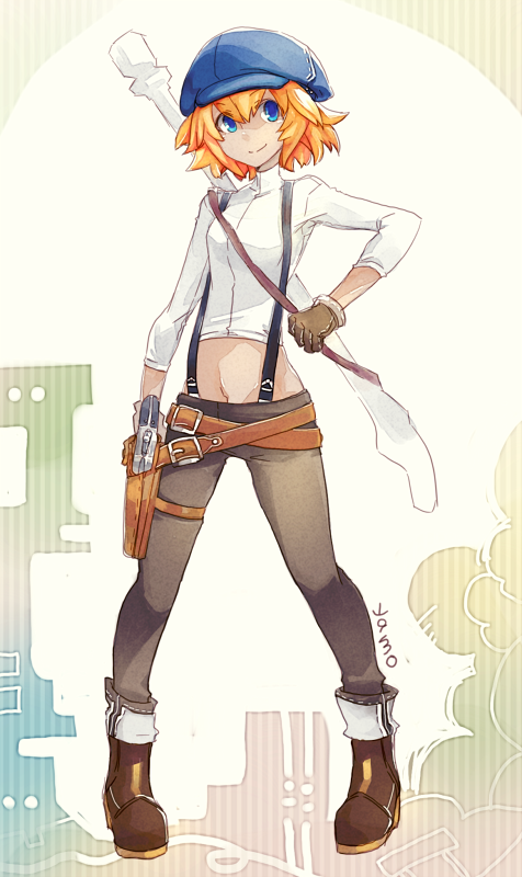 1girl artist_name blonde_hair blue_eyes boots brown_gloves cabbie_hat call_(red_ash) crop_top dark_skin full_body gloves gun handgun hat holster midriff multiple_belts navel pants pigeon-toed pistol red_ash short_hair small_breasts smile solo suspenders weapon yamo