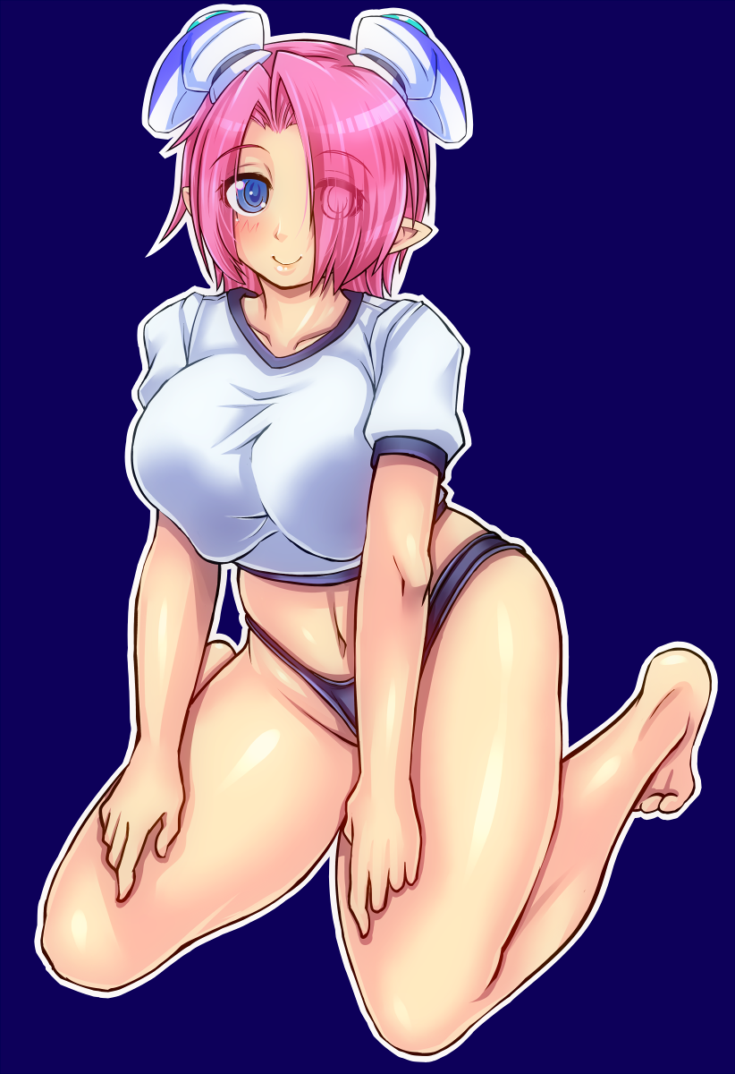 1girl bangs barefoot blue_eyes borrowed_character breasts gym_uniform hair_over_one_eye highres kneeling large_breasts looking_at_viewer midriff nanashi_mushi one_eye_covered original pink_hair plump pointy_ears short_hair smile solo squatting