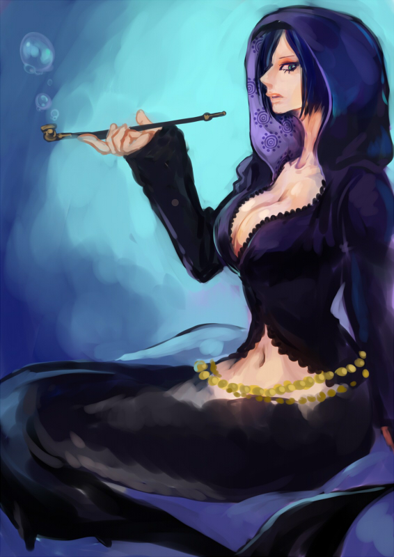 1girl belly_chain black_hair blue_eyes breasts bubble cleavage hair_over_one_eye hood hoodie large_breasts madame_shirley mermaid monster_girl navel nokonokoro one_piece pipe short_hair sitting solo underwater