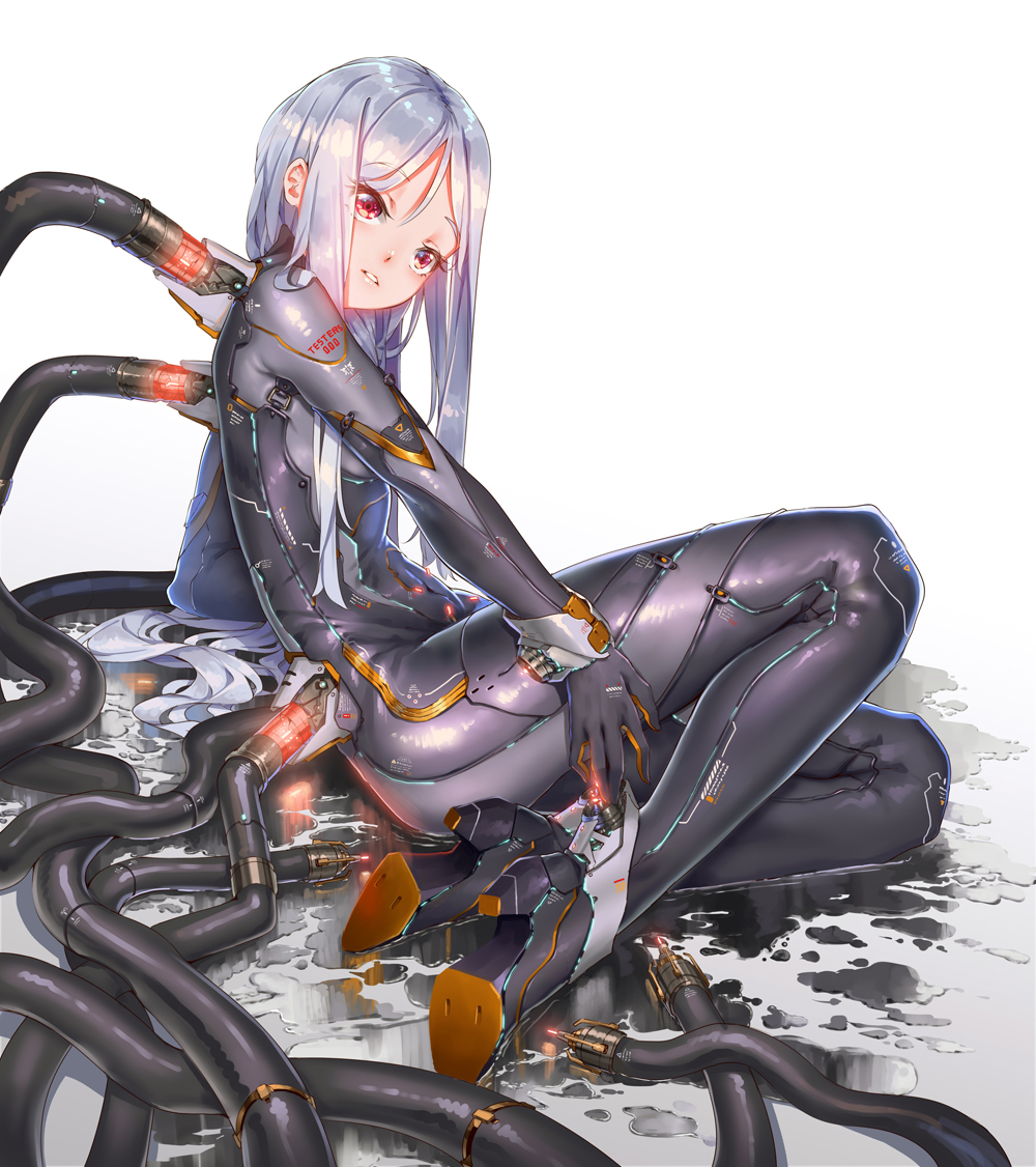 1girl arm_support ass bangs belt_buckle bodysuit buckle cable clothes_writing covered_navel eyebrows eyebrows_visible_through_hair eyelashes fangxiang_cuoluan from_side full_body glowing head_tilt high_heels leaning_to_the_side liquid long_hair looking_at_viewer looking_away mecha_musume number original parted_lips red_eyes reflection science_fiction shoe_soles sitting solo unplugged very_long_hair white_background