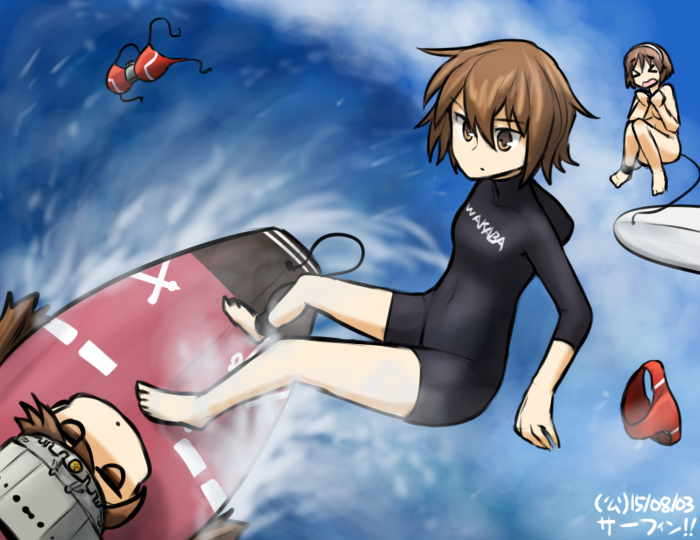 &gt;_&lt; 3girls bikini_bottom_removed bikini_top_removed brown_eyes brown_hair closed_eyes clothes_writing dated hamu_koutarou kantai_collection multiple_girls natori_(kantai_collection) nude ryuujou_(kantai_collection) short_hair surfboard surfing translation_request twintails visor_cap wakaba_(kantai_collection) wetsuit