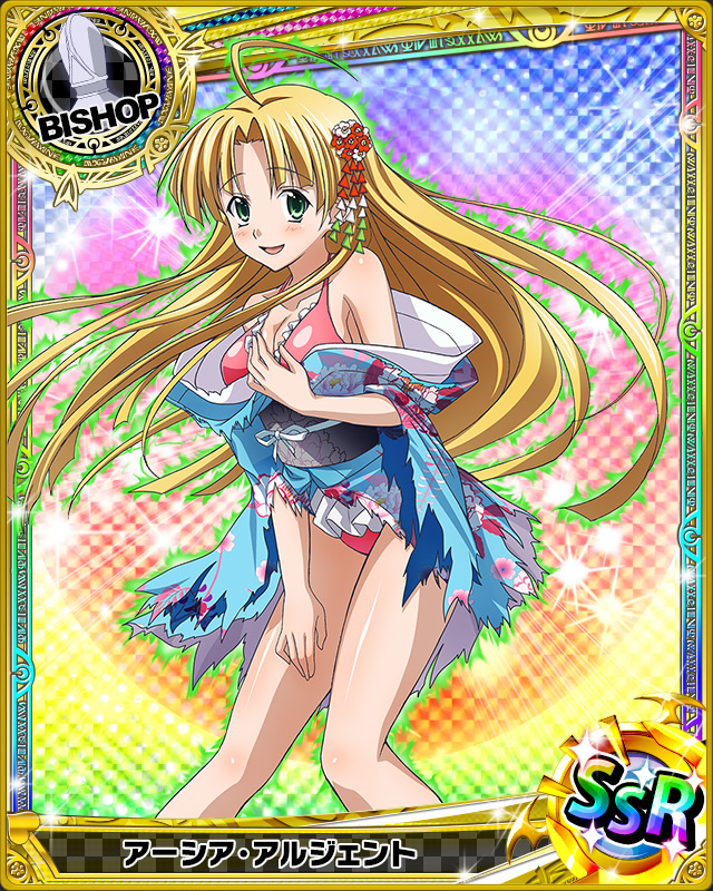 1girl ahoge artist_request asia_argento bishop_(chess) blonde_hair blue_background blush breasts card_(medium) character_name chess_piece green_eyes high_school_dxd japanese_clothes kimono long_hair official_art solo torn_clothes trading_cards very_long_hair
