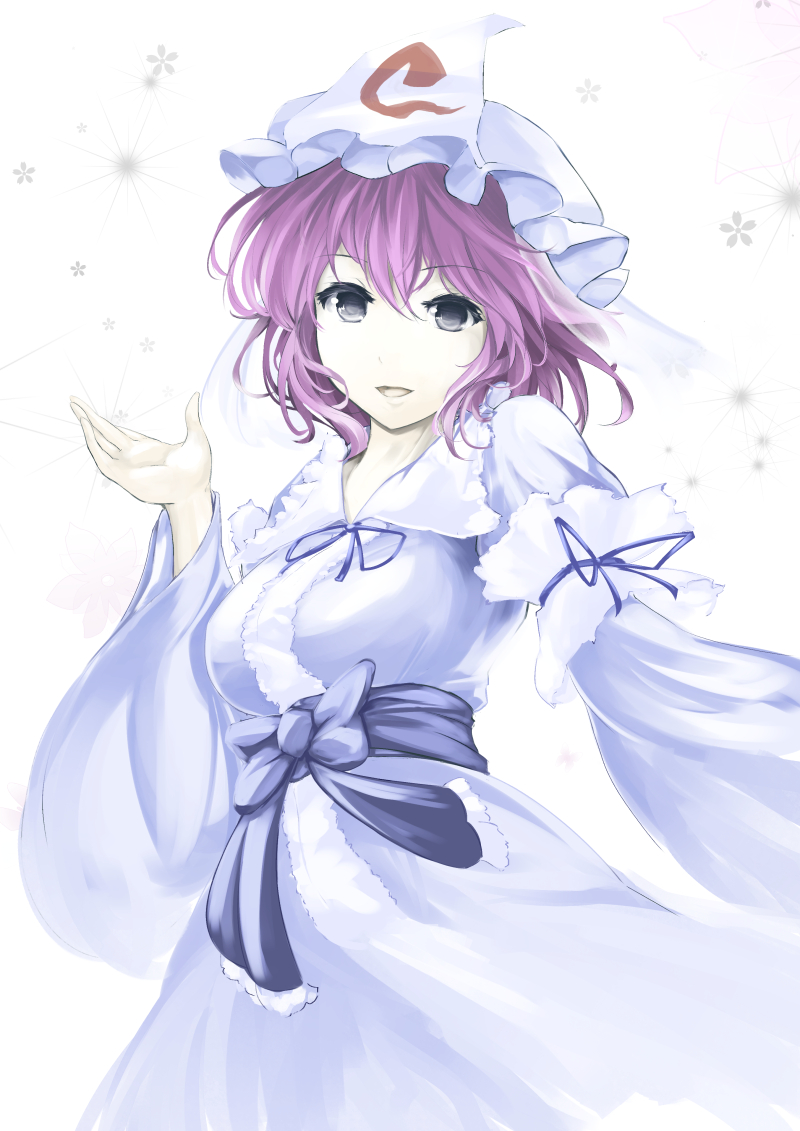 1girl arm_garter flower grey_eyes hat japanese_clothes kimono kz_nagomiya looking_at_viewer mob_cap obi open_mouth purple_hair raised_hand saigyouji_yuyuko sash short_hair solo touhou triangular_headpiece white_background