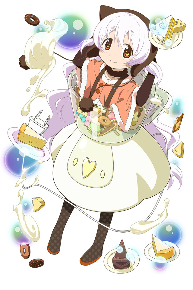 1girl apron bubble cable cake capelet cheese cheesecake chocolate_cake cookie doughnut fingerless_gloves food gloves hat heart icing long_hair macaron magical_girl mahou_shoujo_madoka_magica mahou_shoujo_madoka_magica_movie mixer momoe_nagisa multicolored_eyes official_art pastry polka_dot polka_dot_legwear pom_pom_(clothes) ringed_eyes smile solo suspenders twintails two_side_up white_hair wrapped_candy