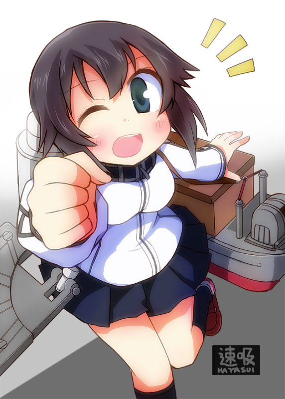 /\/\/\ 1girl ;d black_hair black_legwear blue_eyes blush breasts clenched_hand hayasui_(kantai_collection) kantai_collection loafers looking_at_viewer miniskirt one_eye_closed open_mouth shoes short_hair skirt smile socks solo sweater yuuhi_alpha zipper
