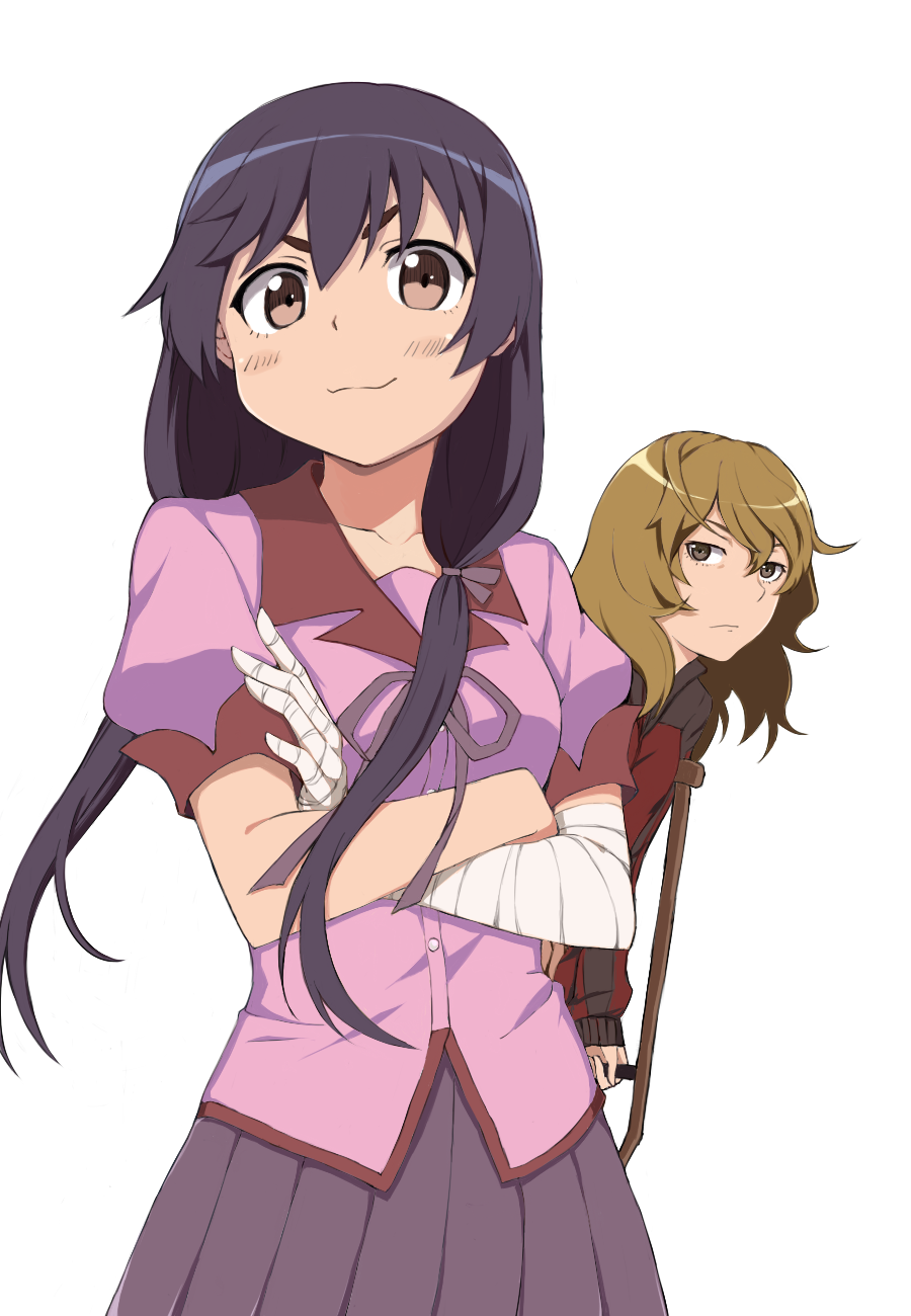 2girls bandages black_hair brown_eyes brown_hair can't_be_this_cute crutch hanamonogatari highres kanbaru_suruga long_hair looking_at_another looking_at_viewer low_twintails monogatari_(series) multiple_girls numachi_rouka ore_no_imouto_ga_konna_ni_kawaii_wake_ga_nai parody school_uniform smile track_suit twintails xingnai