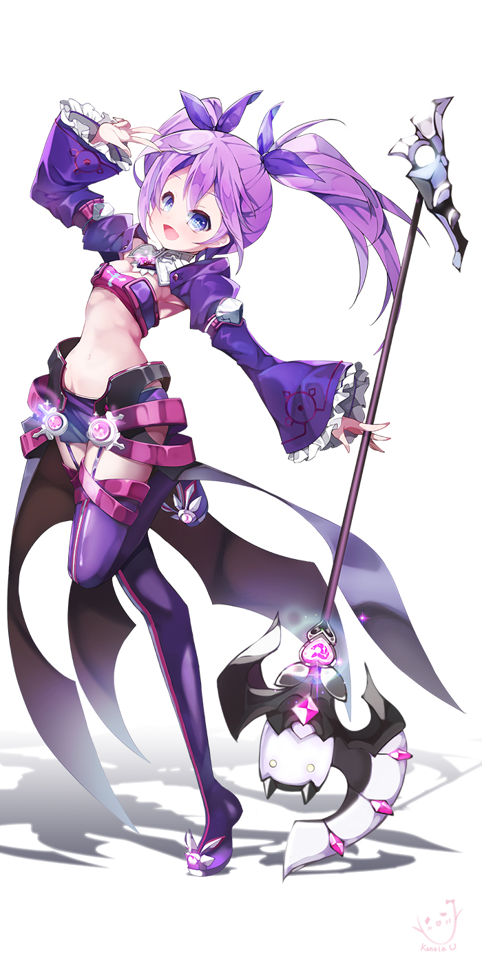 1girl :d aisha_(elsword) blue_eyes boots bustier elsword full_body garter_straps gem highres kanola_u long_hair looking_at_viewer mace midriff miniskirt navel open_mouth purple_hair skirt smile solo sparkle standing_on_one_leg thigh-highs thigh_boots tiptoes twintails void_princess w weapon