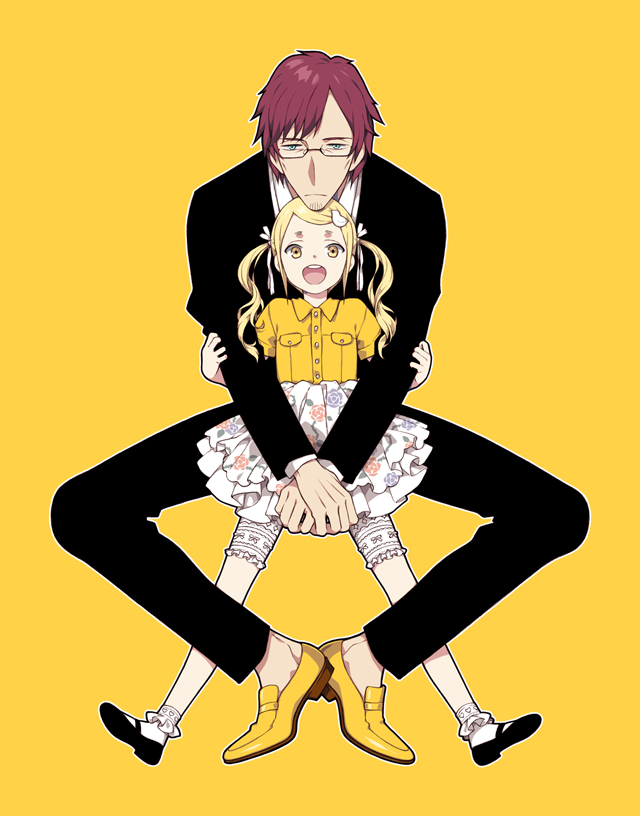 2boys age_difference blonde_hair capri_pants crossdressinging facial_hair formal glasses goatee green_eyes hair_ornament hair_ribbon looking_at_viewer male_focus montanyaoh multiple_boys no_socks open_mouth original otoko_no_ko pants redhead ribbon simple_background sitting sitting_on_lap sitting_on_person size_difference skirt suit tagme twintails yellow_background yellow_eyes