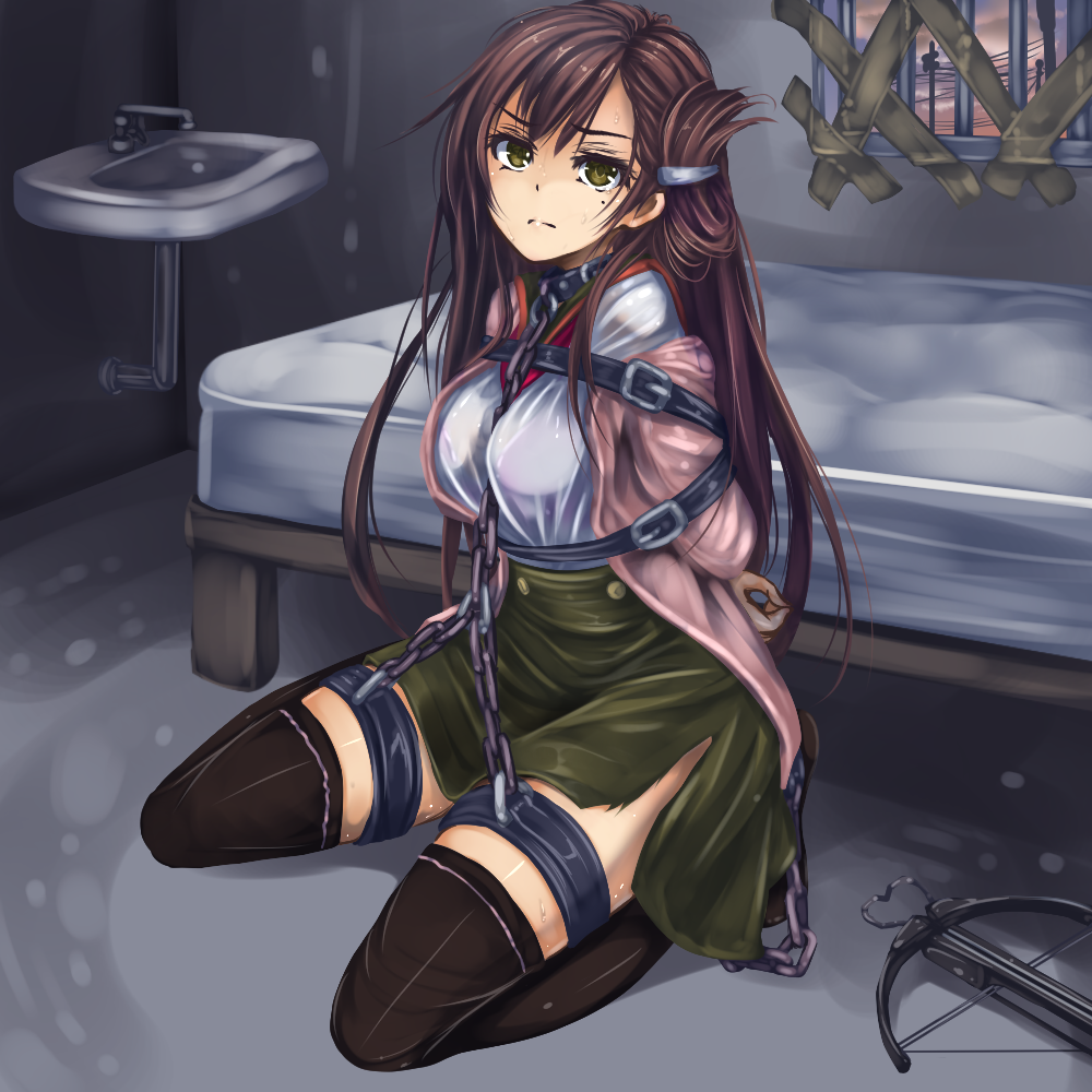 arms_behind_back black_legwear bound_arms bow_(weapon) brown_hair chain chained crossbow frown gakkou_gurashi! green_skirt jacket mole mole_under_eye monikano off_shoulder on_floor prison_cell restrained shirt skirt wakasa_yuuri weapon yellow_eyes