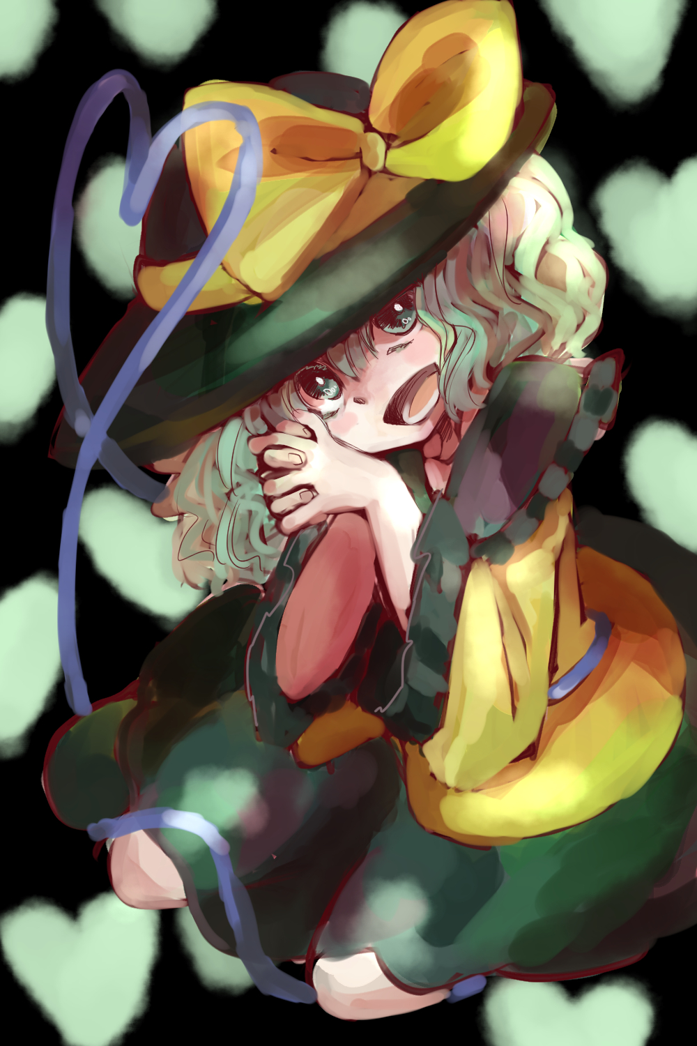 1girl bow green_eyes green_hair hat hat_bow heart heart_of_string highres komaku_juushoku komeiji_koishi open_mouth seiza sitting solo steepled_fingers touhou wide_sleeves