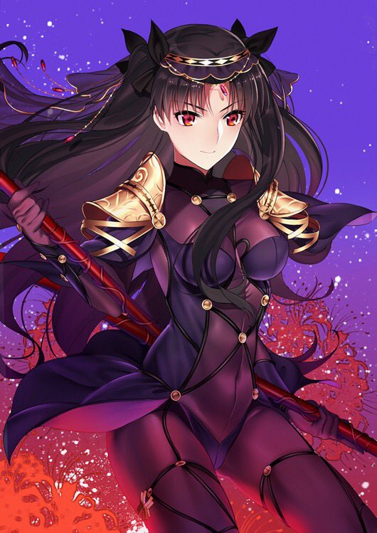 1girl black_hair bodysuit breasts cosplay dual_wielding fate/grand_order fate_(series) floral_background flower gae_bolg holding ishtar_(fate/grand_order) pauldrons polearm purple_background red_eyes scathach_(fate/grand_order) scathach_(fate/grand_order)_(cosplay) skin_tight spear spider_lily tohsaka_rin twintails veil weapon yaoshi_jun