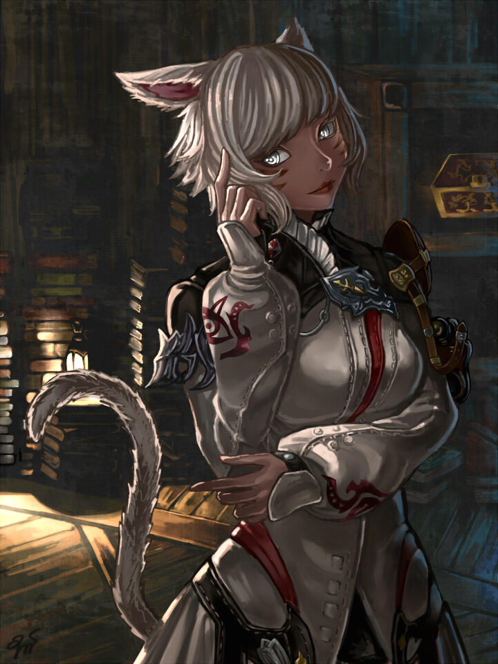 1girl alternate_costume animal_ears blind bob_cut book book_stack cat_ears cat_tail facial_mark final_fantasy final_fantasy_xiv hyuu_(sing-dog) indoors lipstick long_coat makeup miqo'te short_hair signature solo spoilers tail thinking white_eyes white_hair wooden_floor y'shtola